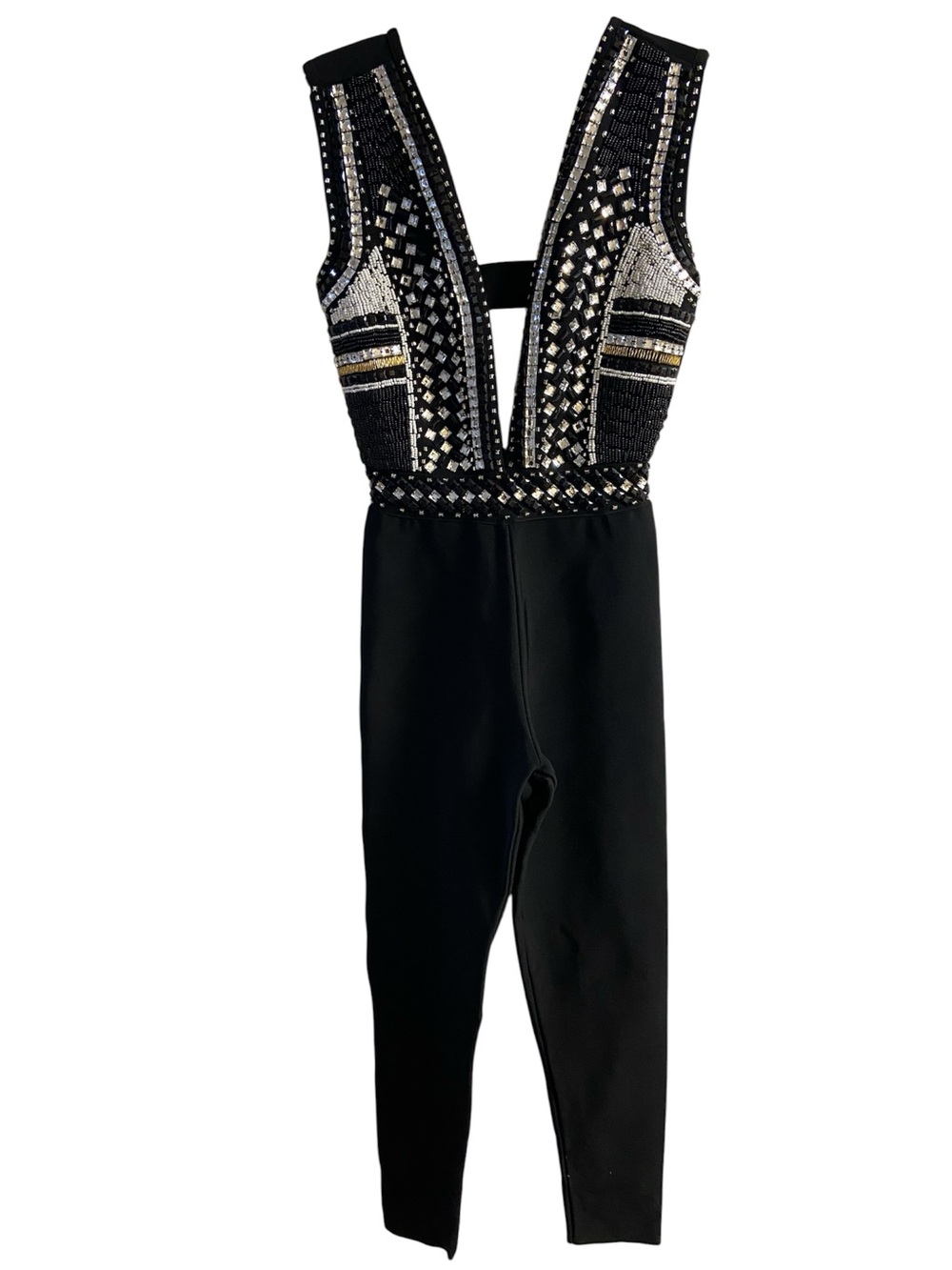 Herve Leger Black Embellished Deep V Jumpsuit with Metallic Beading Medium